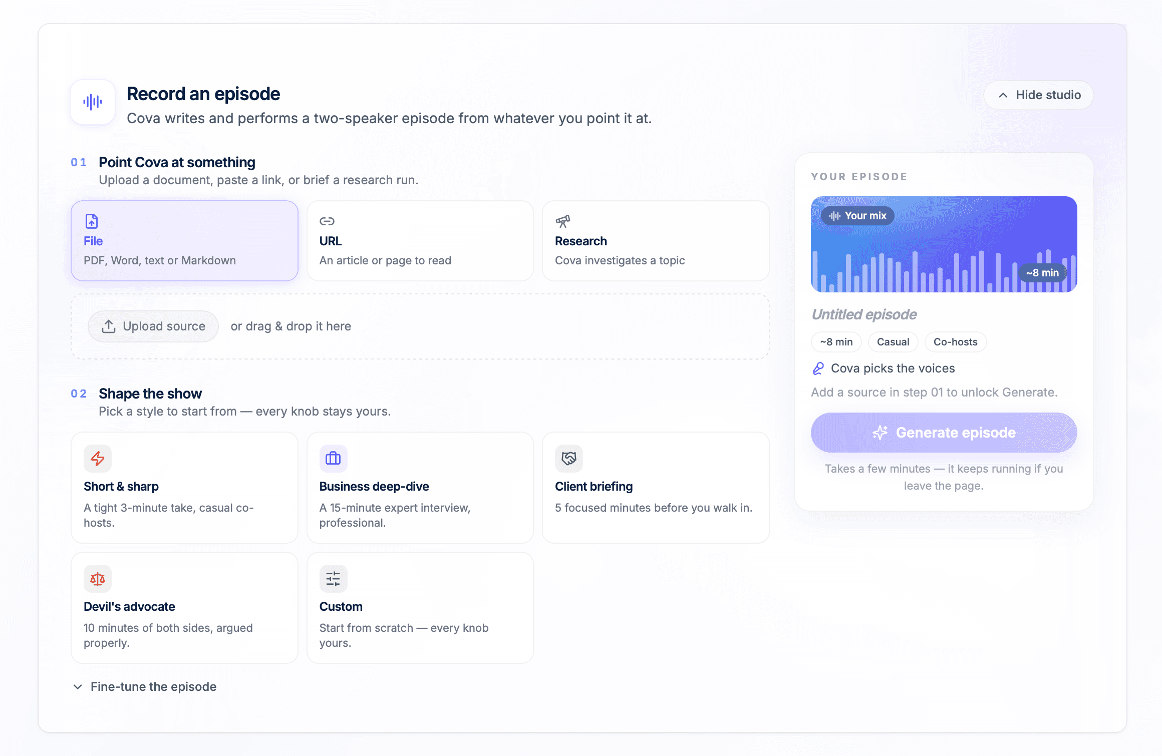 Cova Podcast Studio episode builder