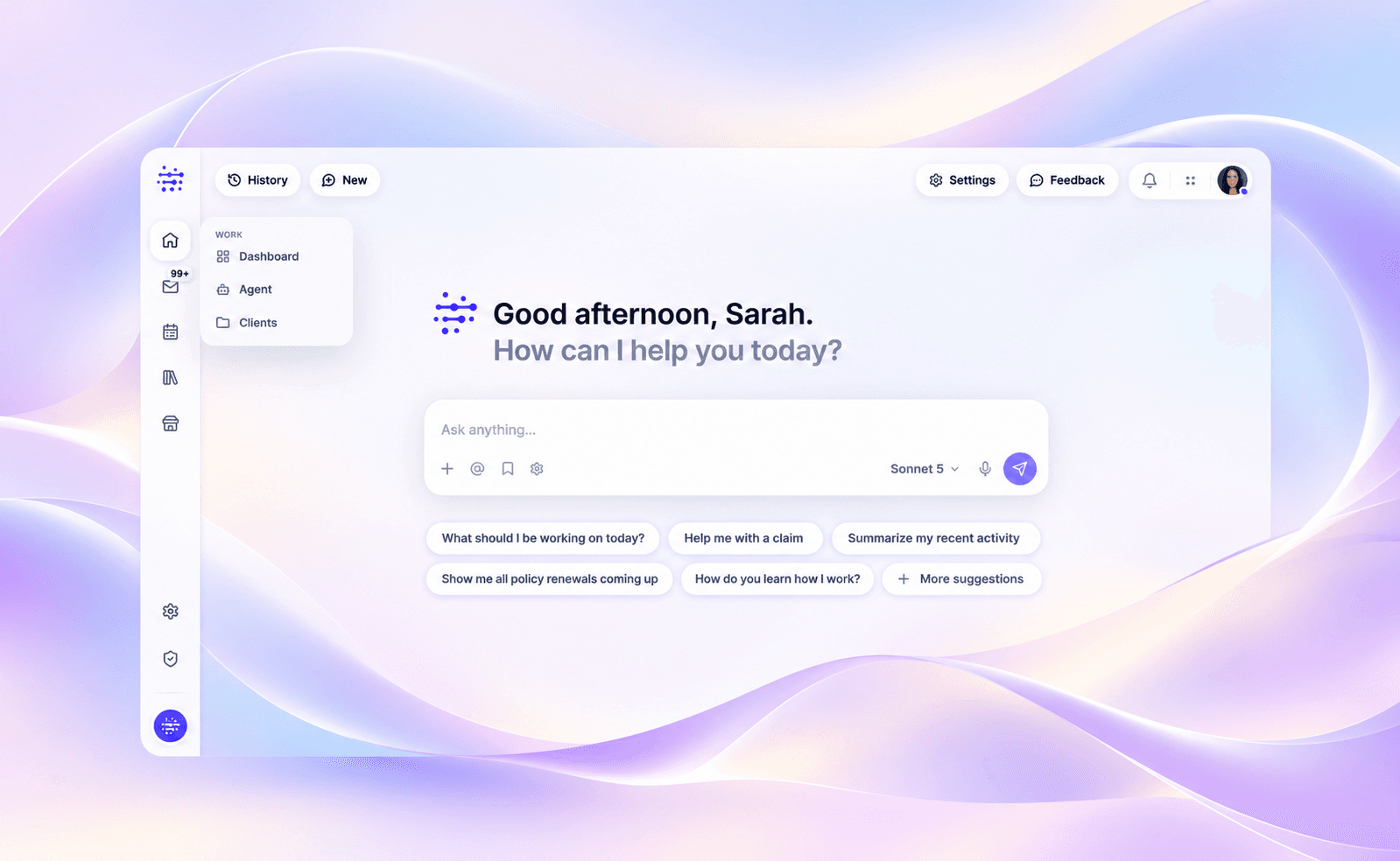 Cova Agent workspace with a chat composer on a pastel lavender background