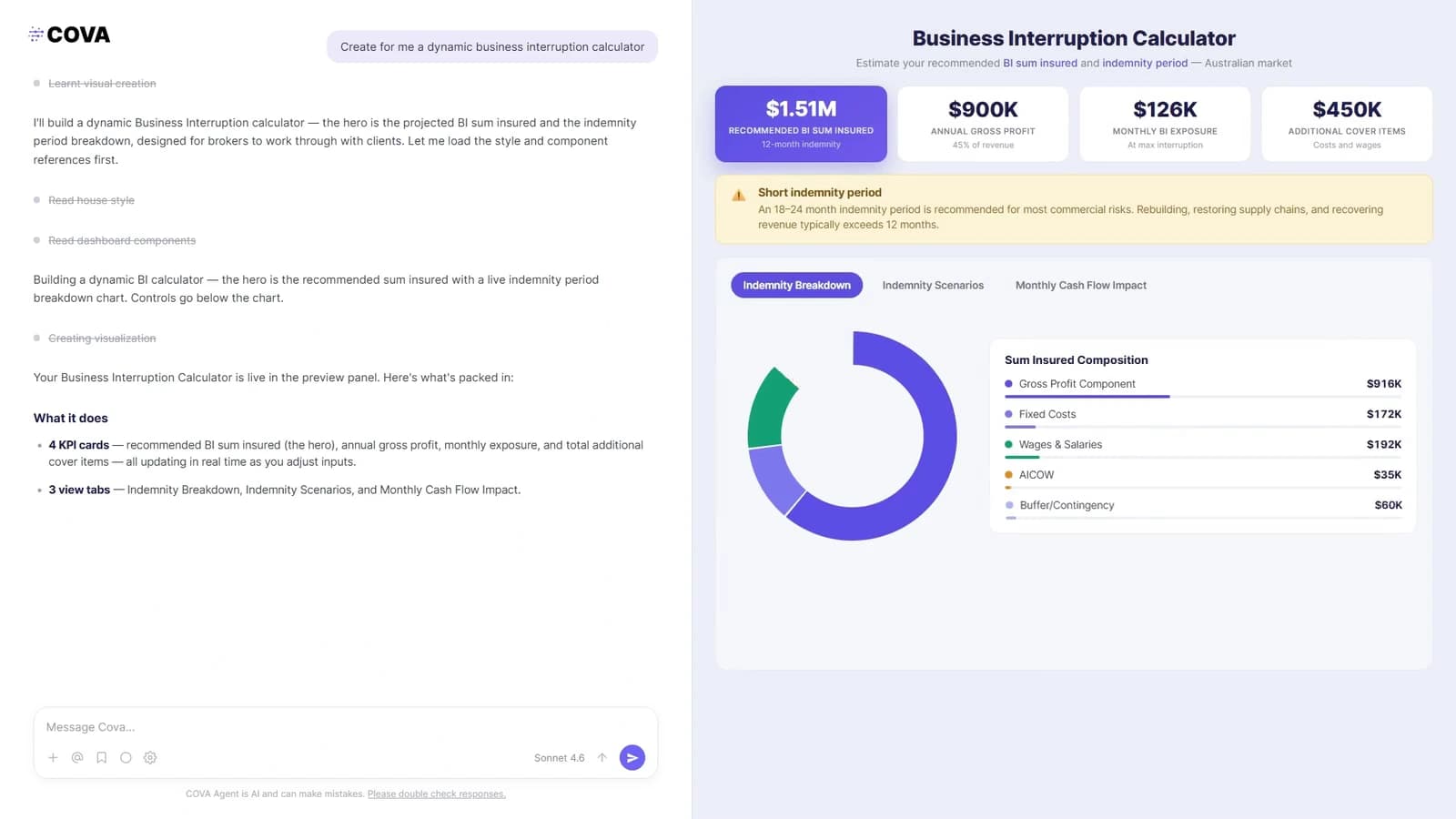 Cova Agent creating a business interruption calculator in the platform