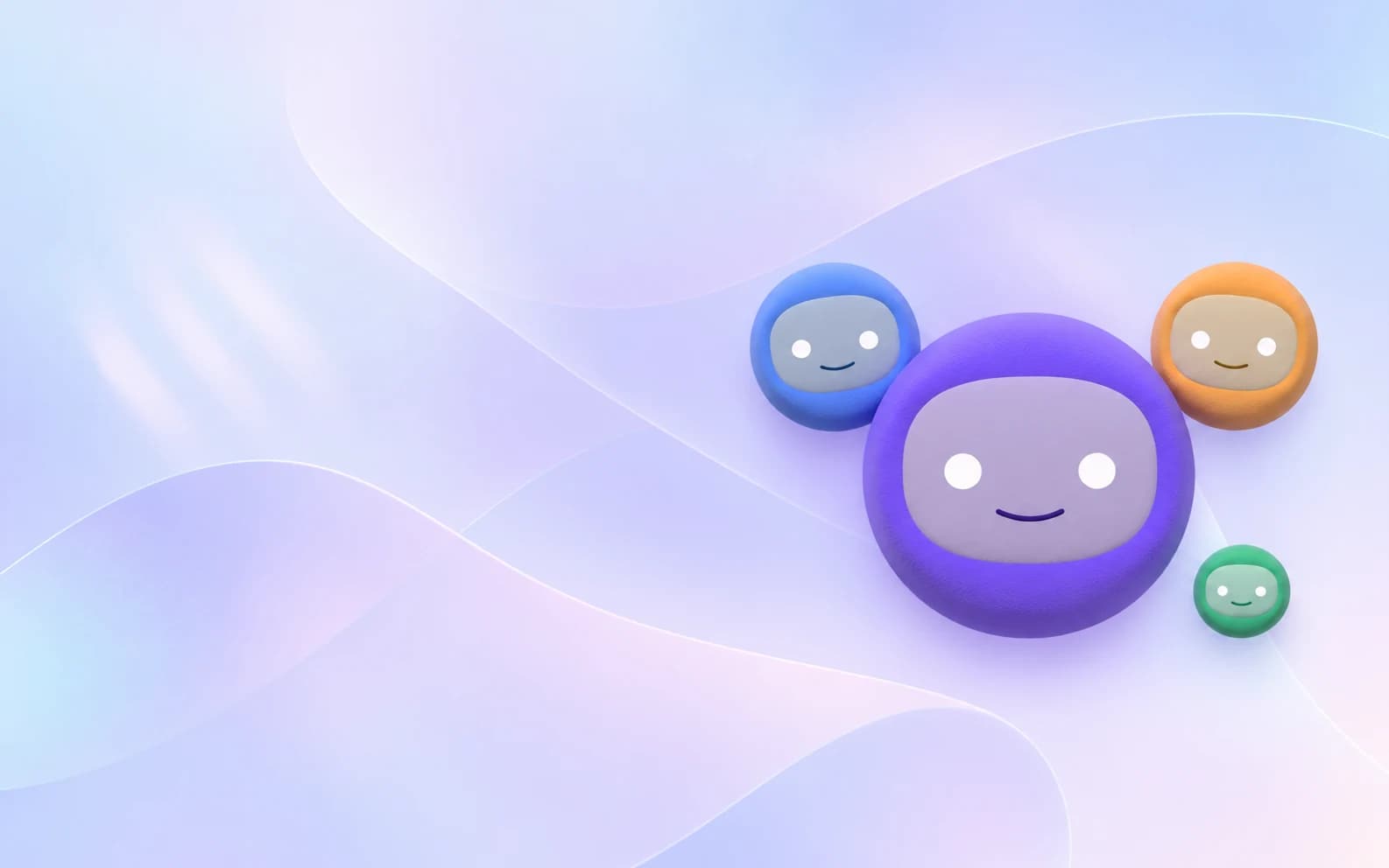 Illustrative Cova Bots team on a flowing lavender background.
