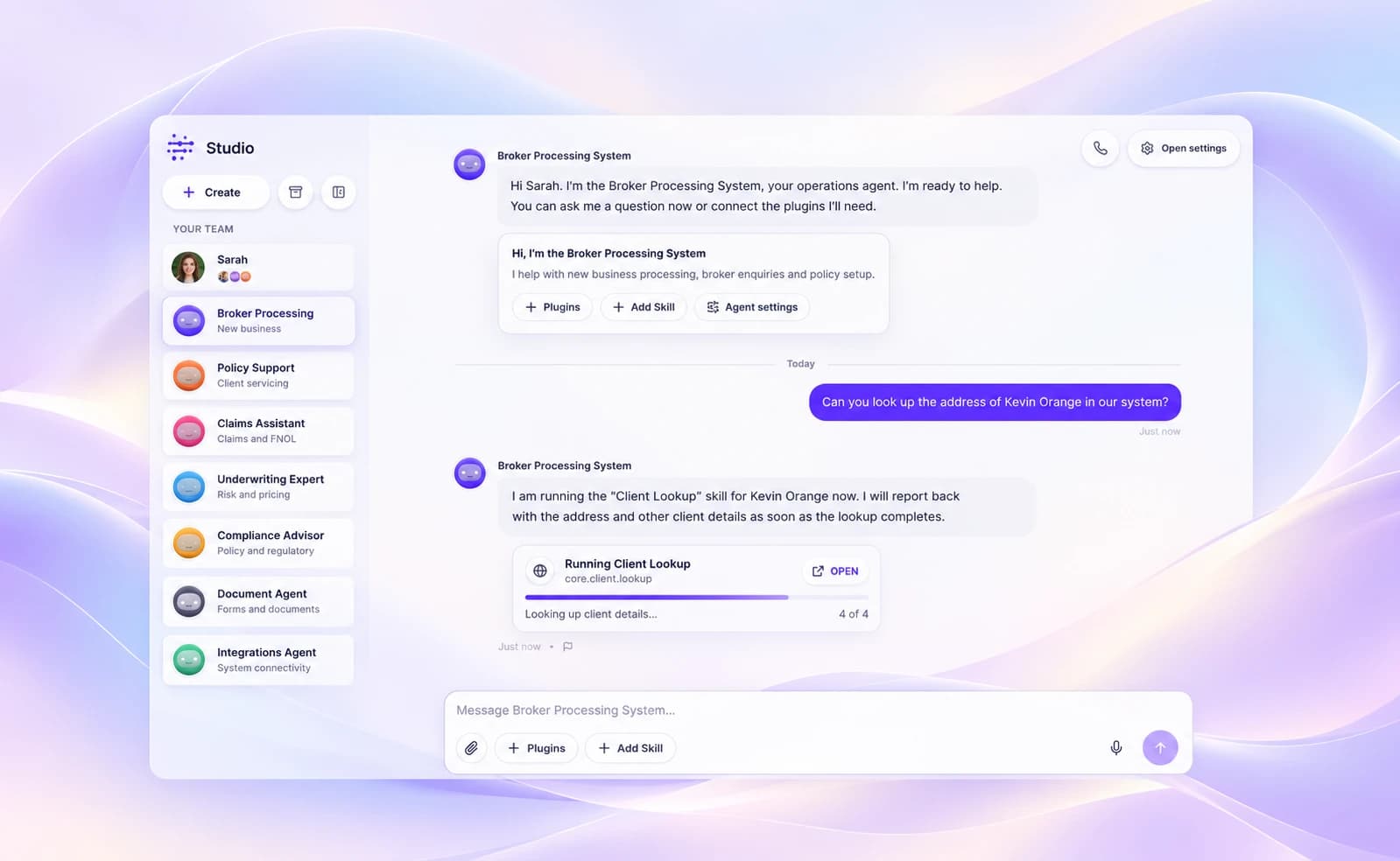 Illustrative Cova Studio workspace with a team of specialist agents, set against a flowing purple and blue background.