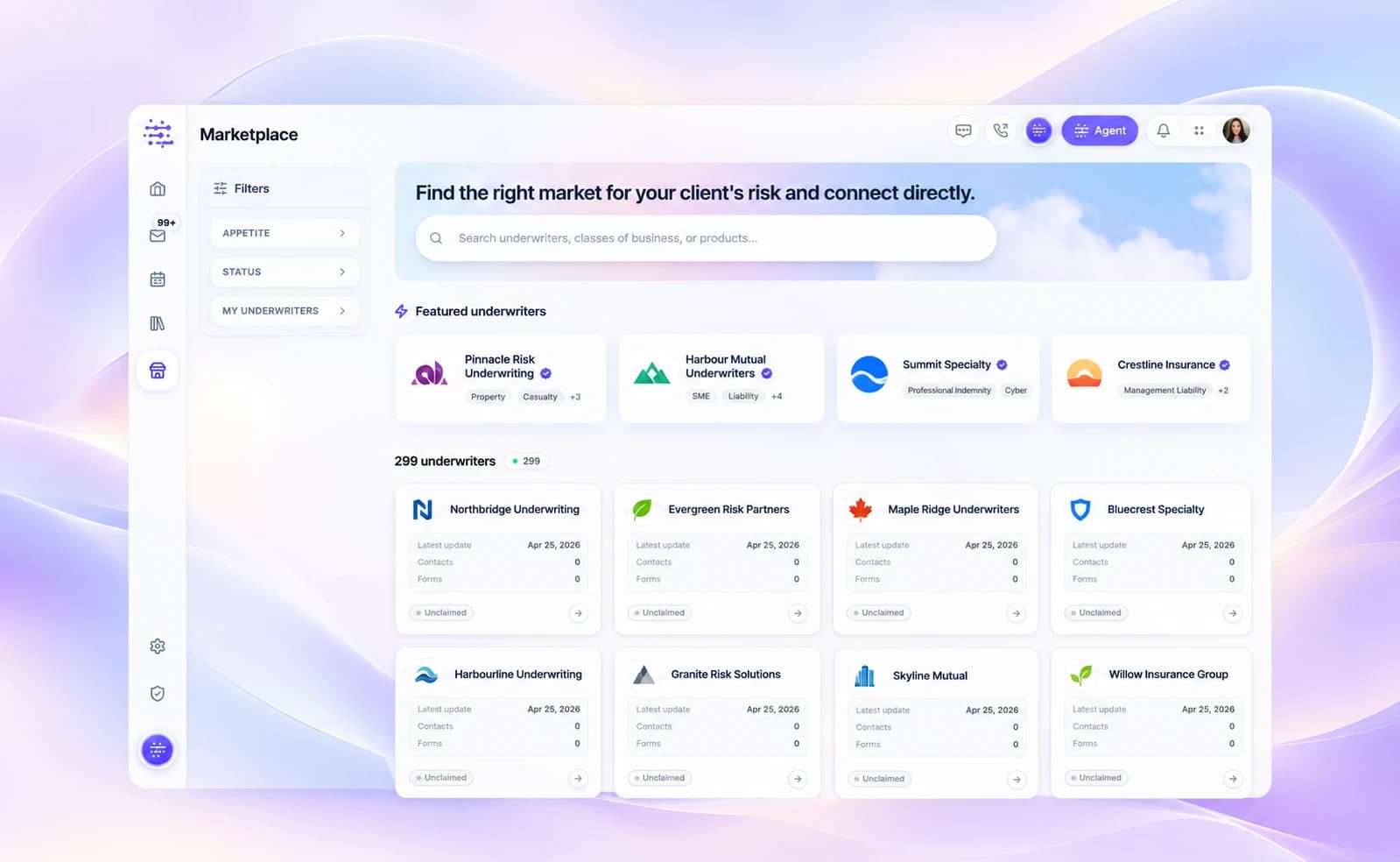 Illustrative Cova Marketplace workspace set against a flowing purple and blue background.
