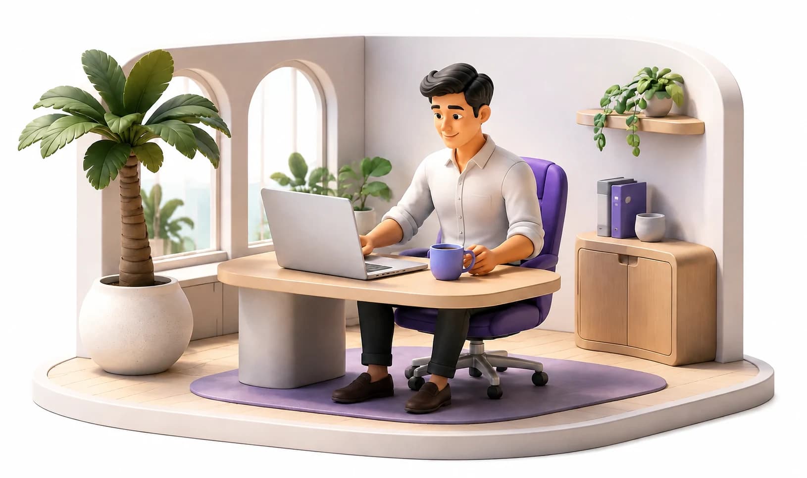 Stylised 3D office scene with a relaxed broker, laptop, purple coffee cup and tropical plants